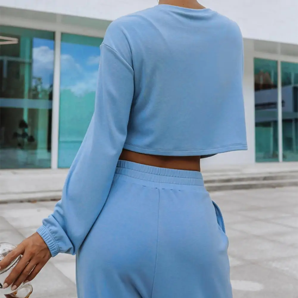 2 Pcs/Set Women Top Pants Set Round Neck Long Sleeve Sweatshirt Pure Color Stretchy High Waist Wide Leg Trousers Sport Tracksuit