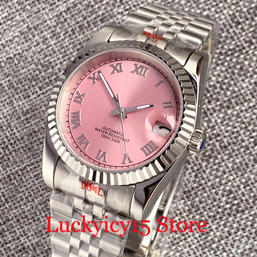 

BLIGER Sterile Pink Roman Numerals 36mm/39mm Fluted Bezel Automatic Men Watch 24 Jewels NH35A Sapphire Glass Jubilee Strap