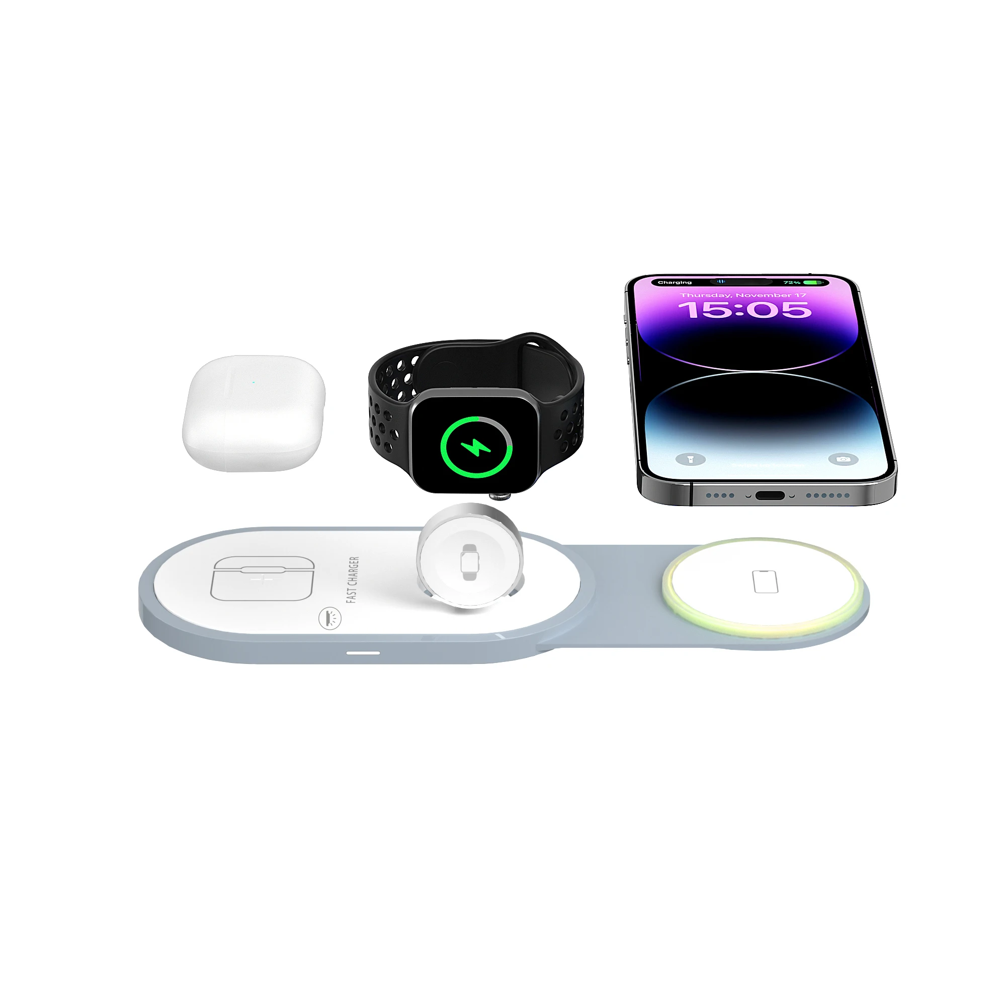 

2025 3 in 1 Foldable Magnetic 15W Desktop Folding Running Light Wireless Charger Pad