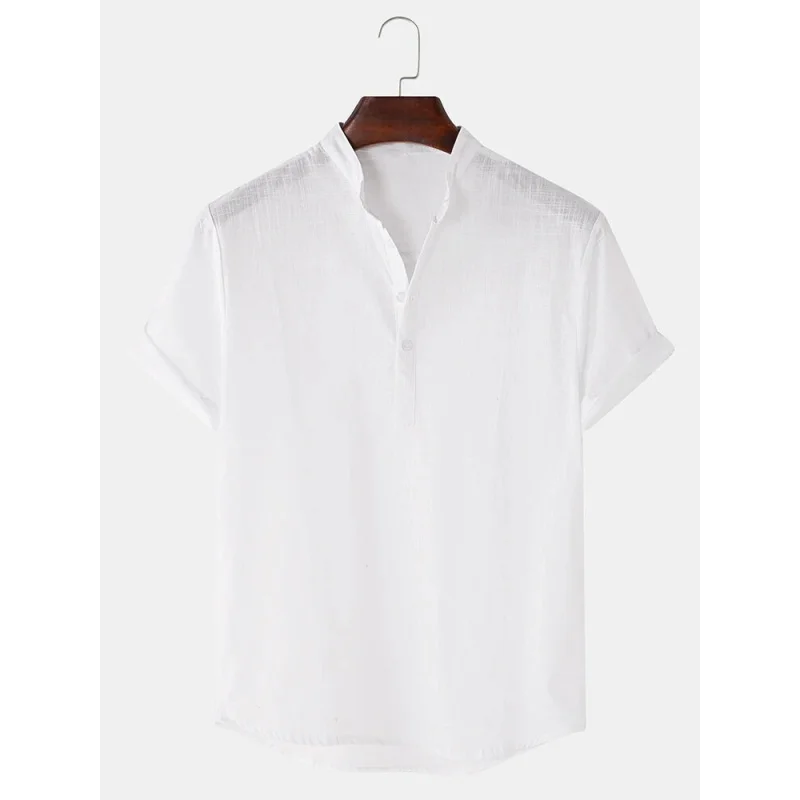 SZYL-Camisa de manga corta de algodón y lino para hombre, camisa informal de cuello alto, camisa de verano de Color sólido, Dropshippin de una pieza