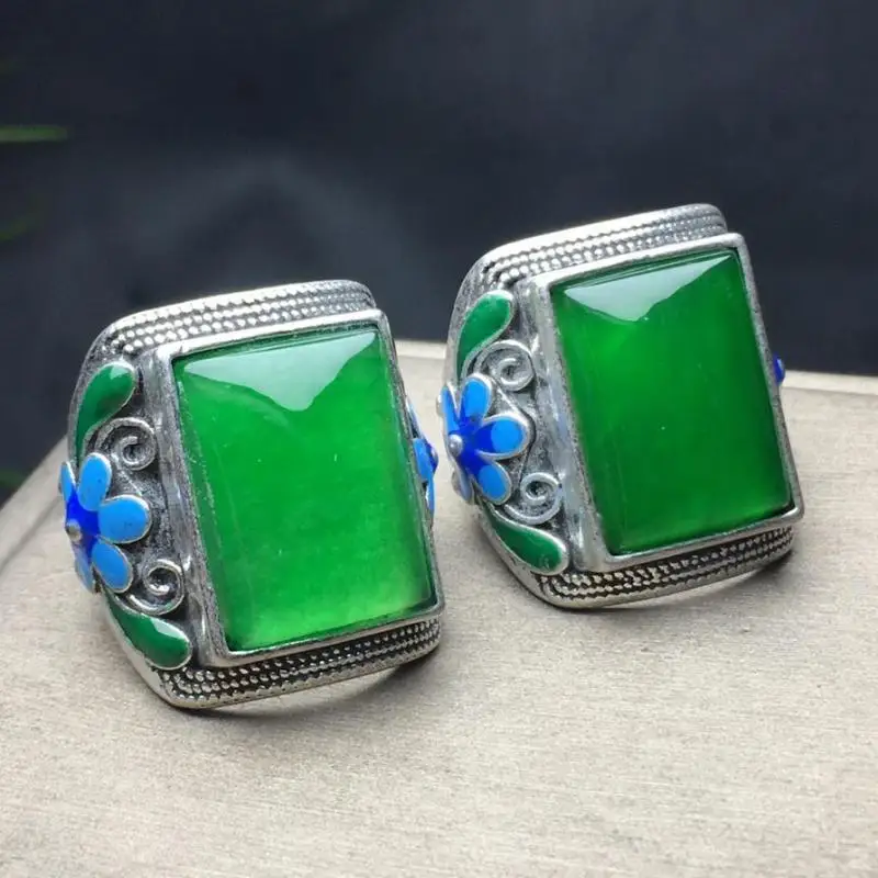 Natural Green Jade Rectangular Ring Men Women Fine Jewelry High Ice Grade A Myanmar Jadeite Cloisonne Enamel Square Jades Rings