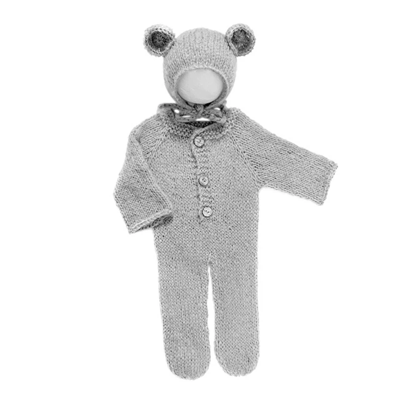 Lovely Newborn Photography Props Boys Girls Outfits Mohair Bear Hat Bonnet & Footed Romper Bodysuit Photoshoot Costume P31B