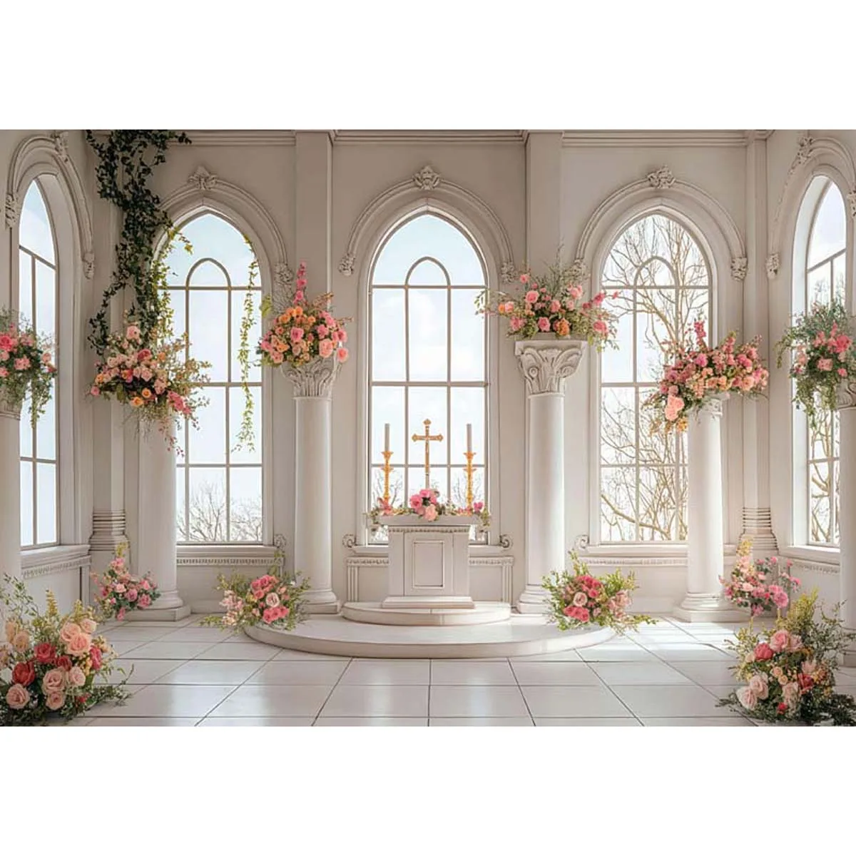 

Allenjoy White Church with Arched Windows Backdrop