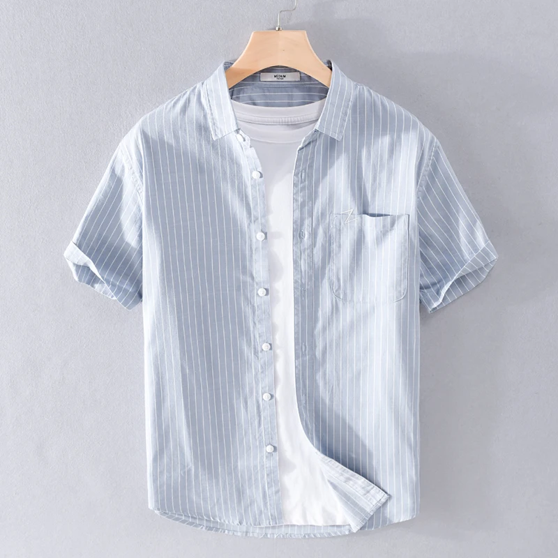 New Stylish Embroidery Short-sleeved Casual Striped Cotton Brand Shirts For Men Fashion Tops Clothing Camisa Masculina Drop-Ship