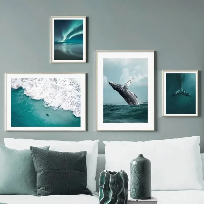 Pósteres de galería con escenas de la naturaleza, ondas del océano turquesa, pinturas en lienzo, imágenes impresas para decoración del hogar y sala de estar