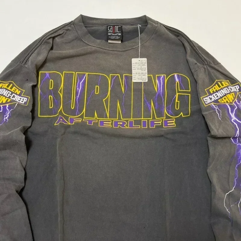 

Evil Spirit Lightning Print Saint Michael Pullover Oversized Washed Men Women 1:1 Vintage Long Sleeves