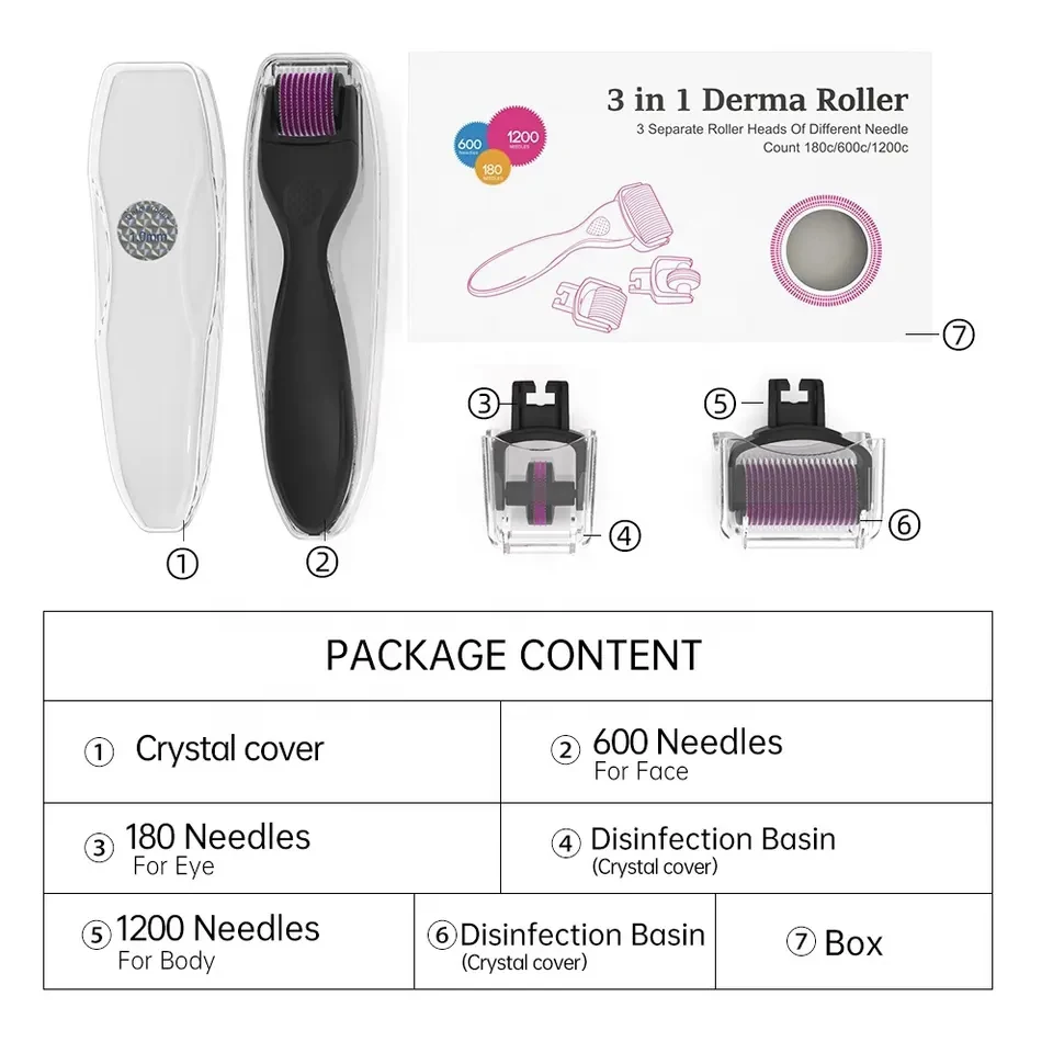 DRS Derma Roller Kit 3 in 1 180 600 1200 Titanium Needles 3 Replacement Heads Micro needle Dermaroller For Skin Care MTS