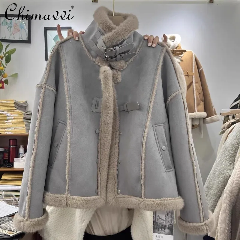 

2024 Winter Velvet Thickened Fur Integrated Lamb Wool Foreign Style Top High-end Stand-up Collar Locomotive Jacket For Women