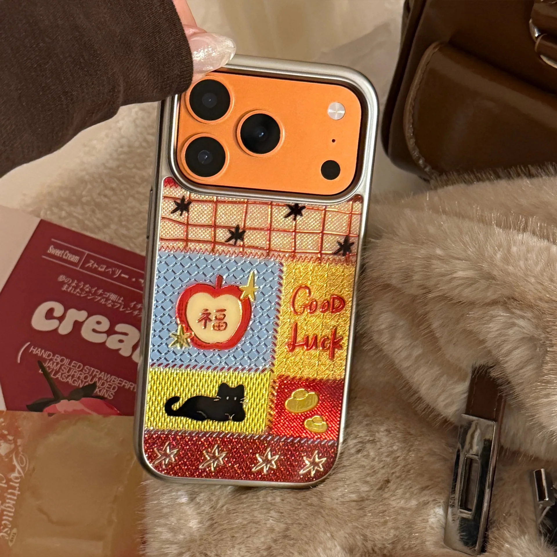 Koreanische Cartoon-Schwarze-Katze-Handyhülle mit Silberkanten-Veredelung für iPhone 17 Air 16 15 14 13 12 Pro Max, stoßfeste Hartschale