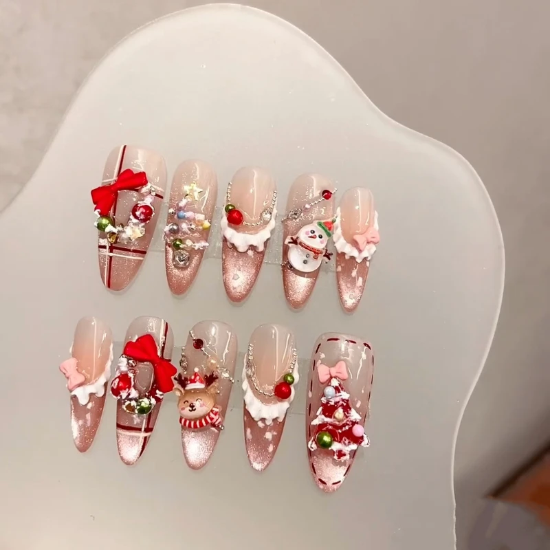 10pcs Christmas False Nail  Red 3D Bow Decor with Snowmen Fake Nails Set Girls New Year Wearing Handmade Almond Press on Nails