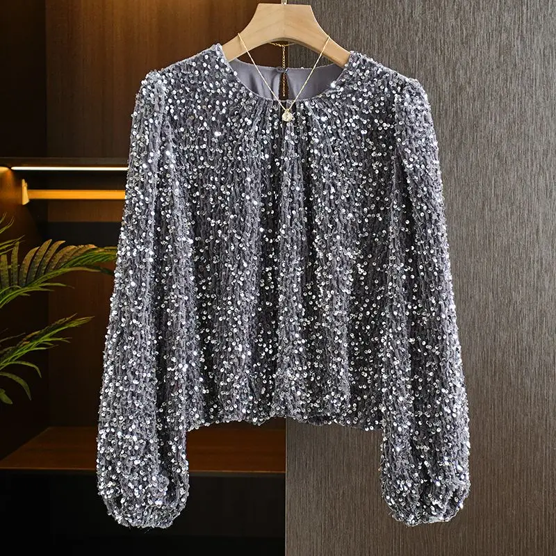 Spring Autumn New Round Neck Long Sleeve Fashion Blouse Women High Street Casual Sequined Patchwork All-match Elegant Pullovers