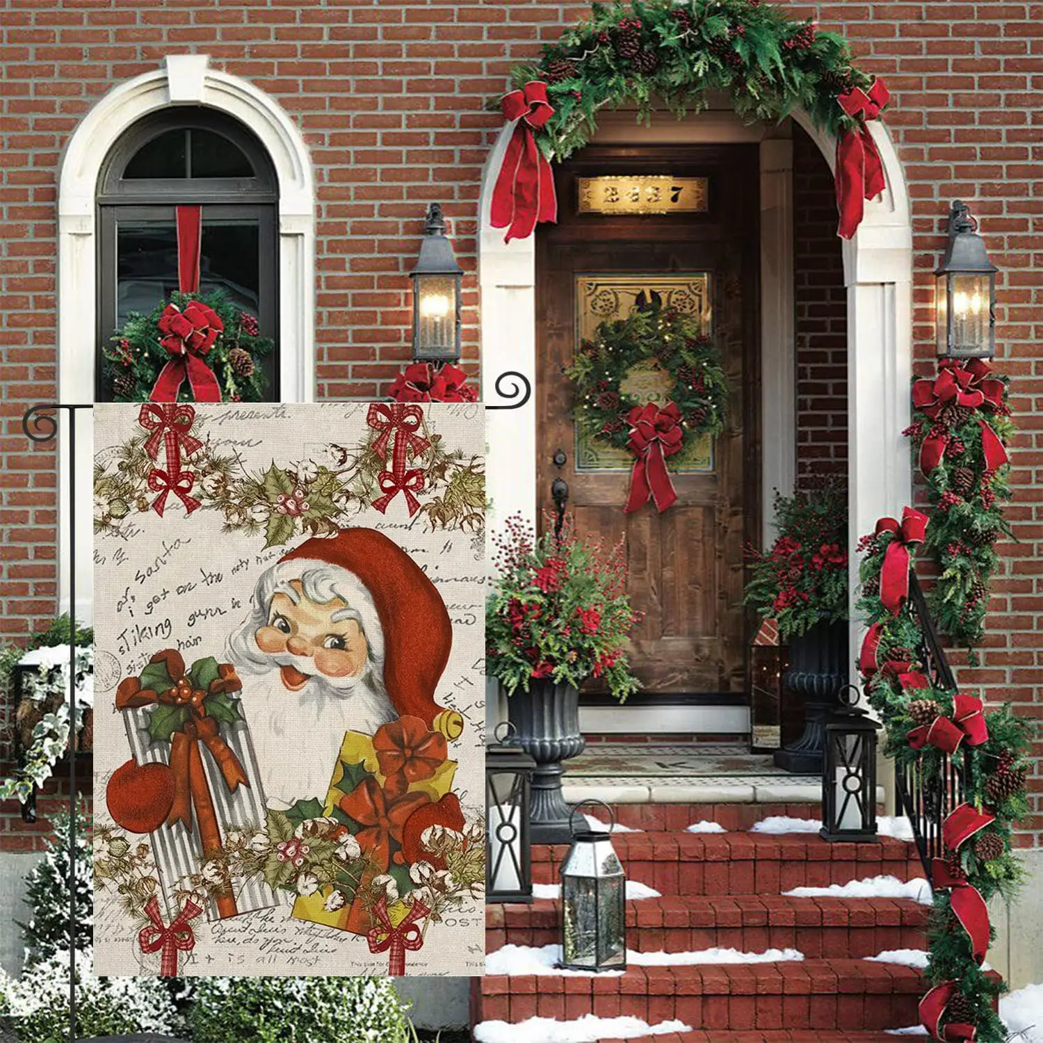 Christmas Santa Claus Garden Flag 12x18 Inch Double Sided Burlap Vintage Poinsettia Winter Yard Flag for Outside Patio Holid yyi