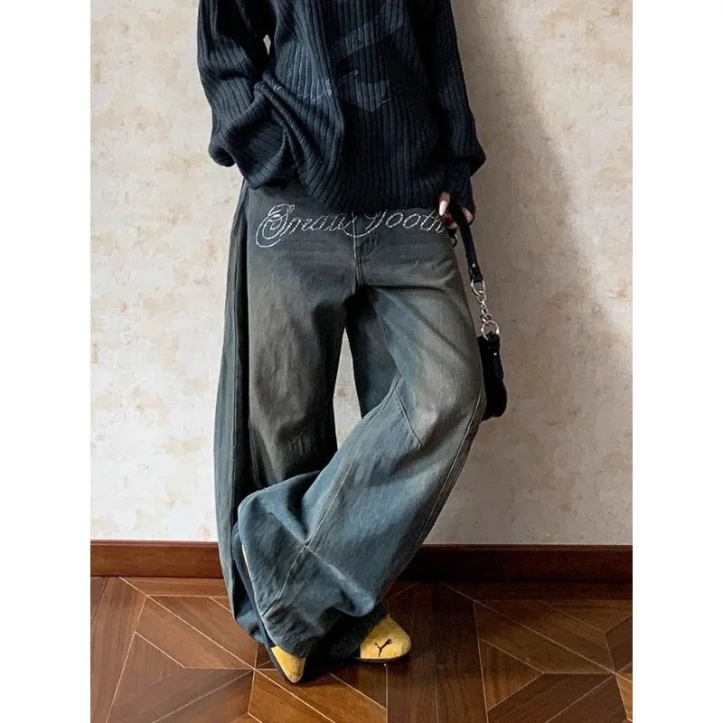 

Женские синие мешковатые джинсы Y2k, осенние винтажные брюки в стиле Харадзюку с изогнутым ножом для бойфренда, эстетические брюки 2000-х годов, одежда оверсайз