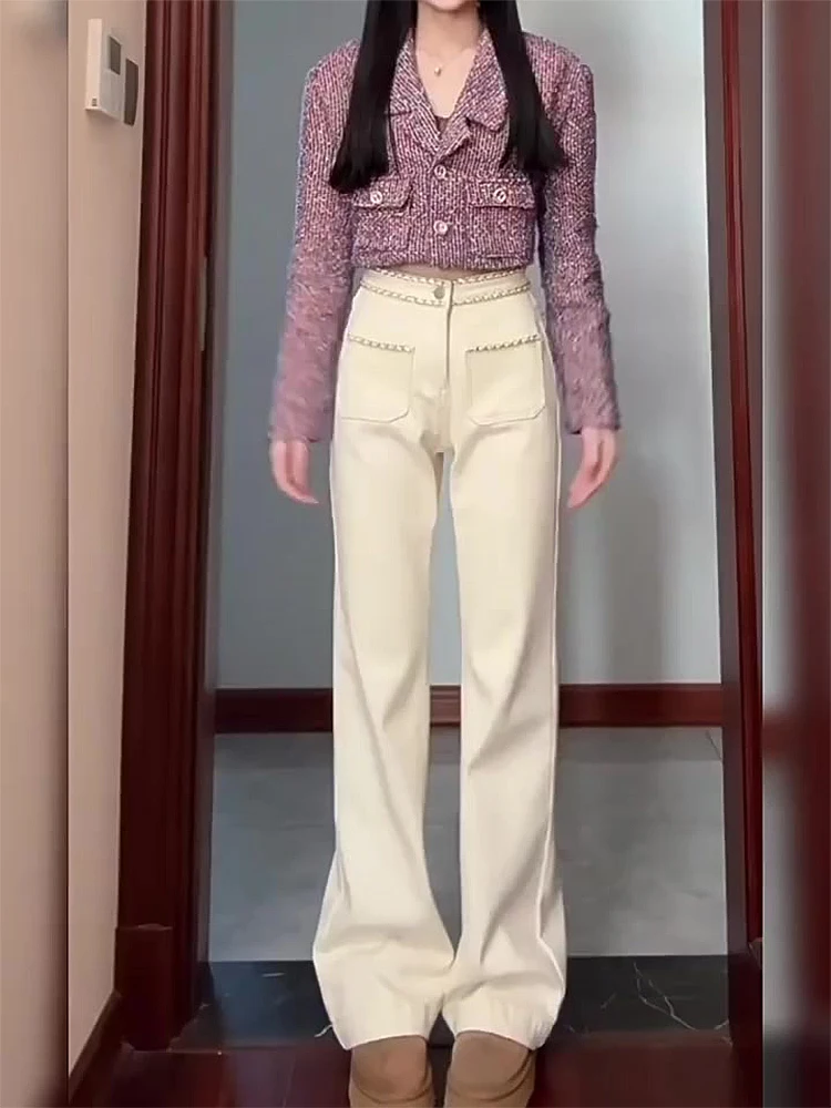 

High Waist Slim Fit Straight Leg Jeans Women's Autumn Winter Fleece Lined Warm Slimming Floor Length Pants Korean Style