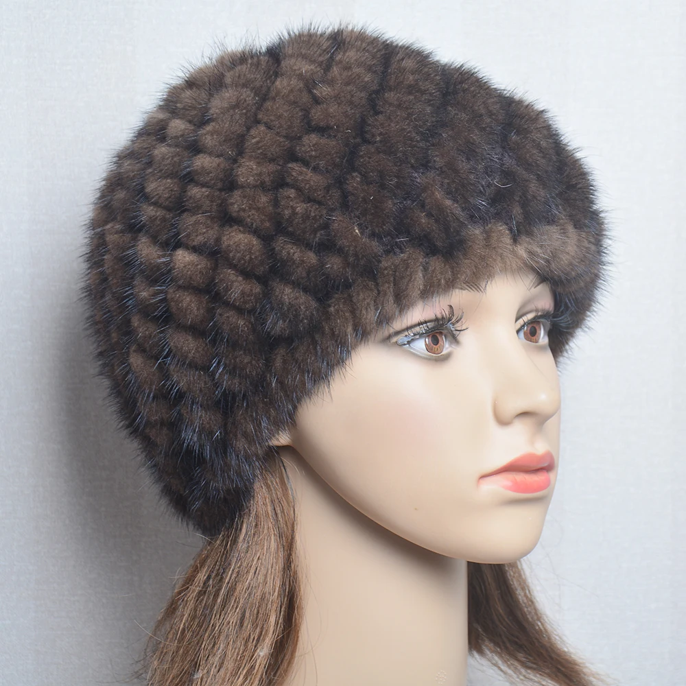 New Fashion Genuine Real Natural Women\'s Knitted Mink Fur Hat Handmade Knit Fashion Winter Headgear Berets Cap