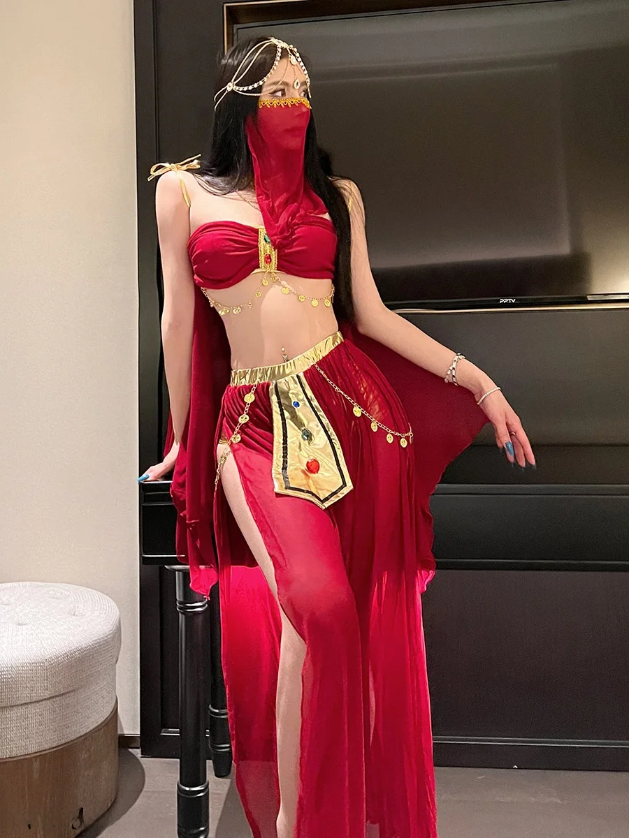 Sexy Princ Aladdin Cosplay Kostüm Exotischer Tanz Lady Outfit Polyester Material Ethnische Bühnenaufführung Damenbekleidung