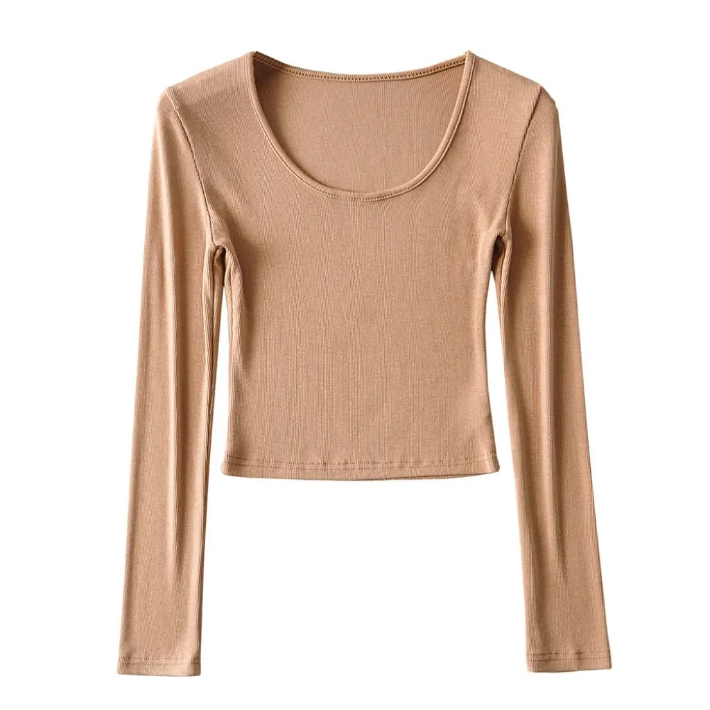 

YPFF Slim-fit Long-Sleeved T-shirt Crewneck High Waist Navel-Exposed European American-Style Clean Face Base Shirt for Women