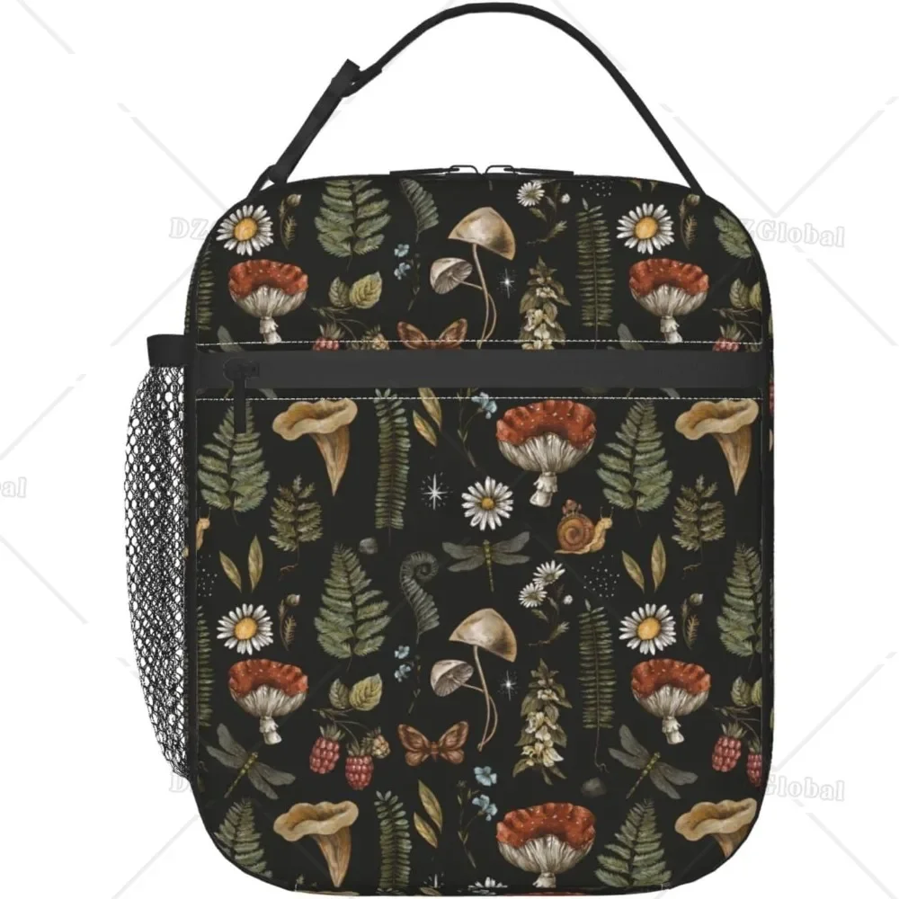 Vintage Mushroom Leaf Forest Insulated Lunch Bag Reusable Thermal Bento Tote Bag with Side Pocket for Work School Picnic Hiking