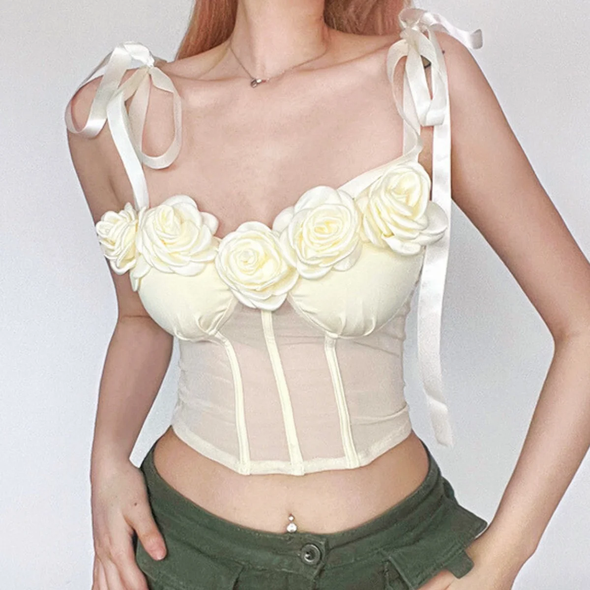 Women 3D Floral Lace-up Shoulder Strap Corset Cropped Top Camisole Summer Sheer Mesh Bustier Slim Sleeveless Lingerie Tank Tops