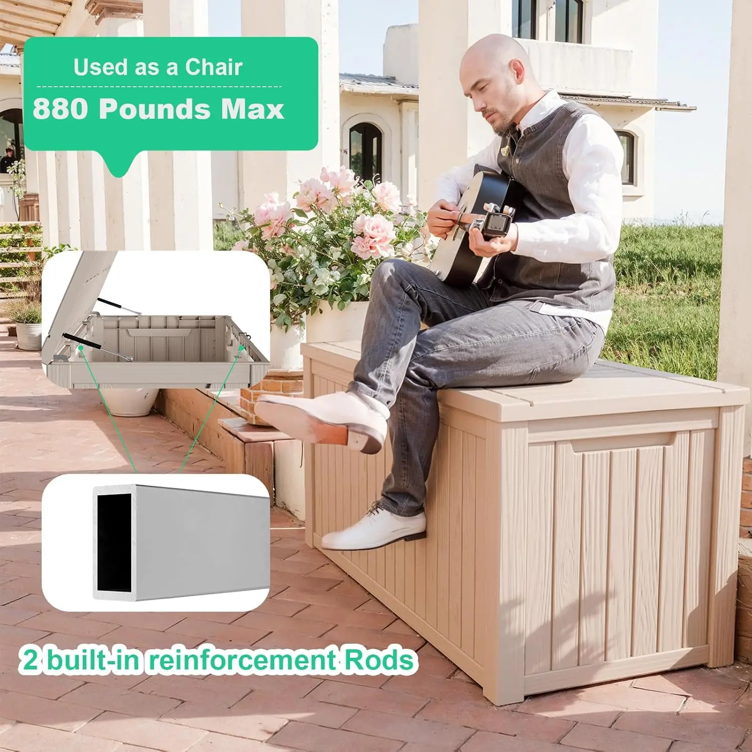 200갤런 대형 데크 박스, 잠금 가능한 레진 야외 보관함, 파티오 가구 및 정원 도구용 방수 야외 보관함