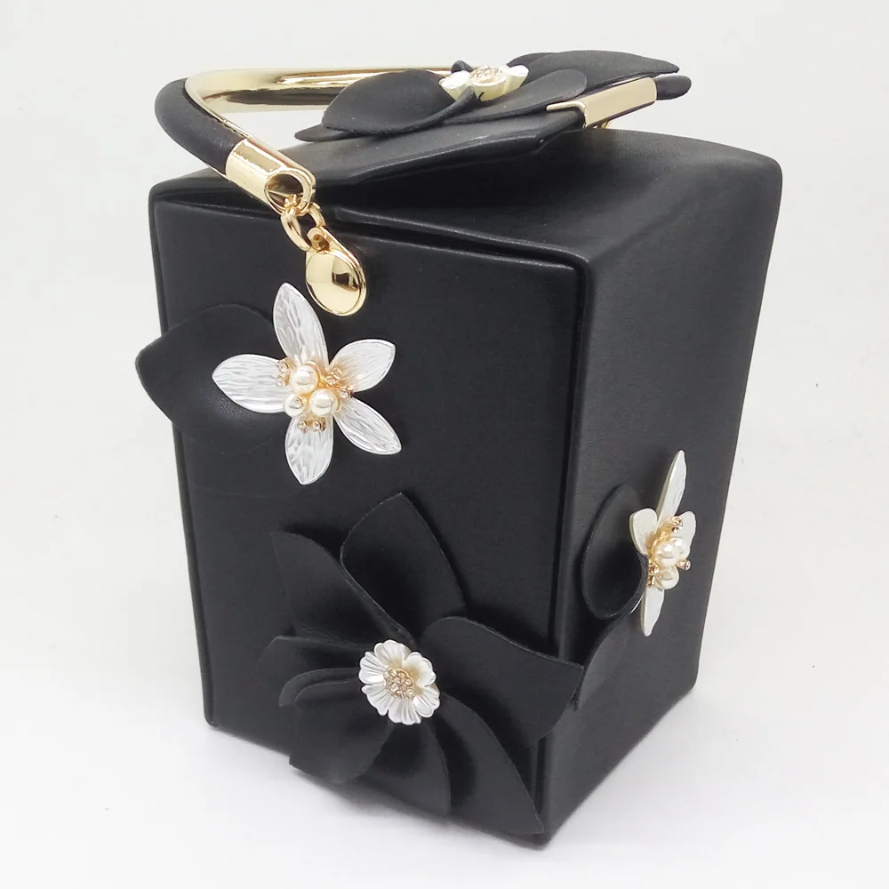 

Boutique De FGG Flower Box Women Totes Bag Black PU Evening Clutch Purses and Handbags Wedding Party Bag