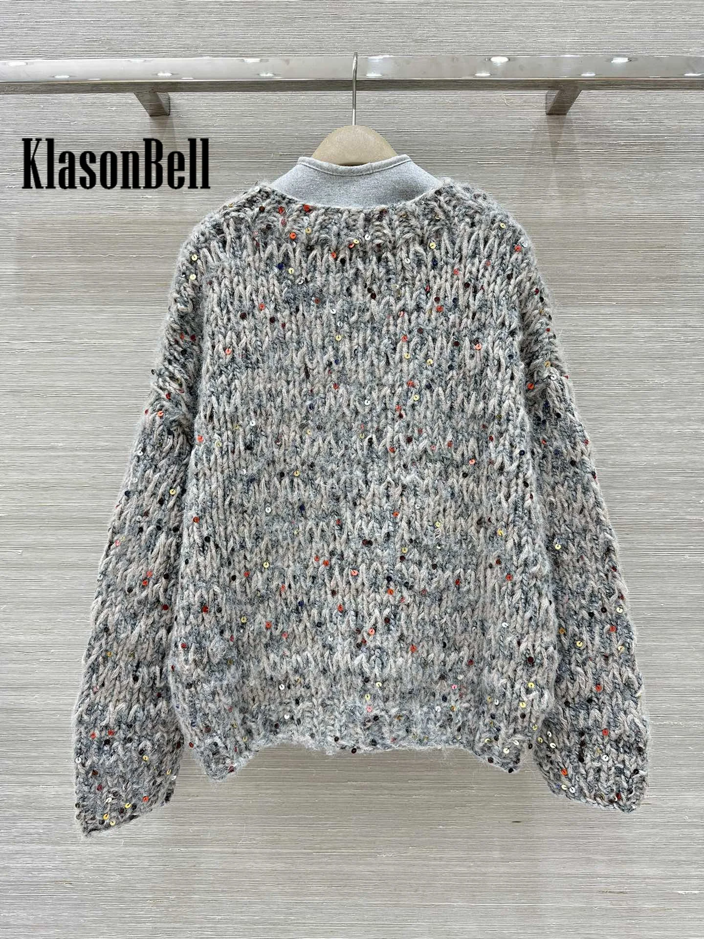 8.16 KlasonBell Women's Mohair Wool Fancy Yarn Knitted Cardigan 2024 Autumn Winter New Sequins Embroidery Loose V-Neck Coat