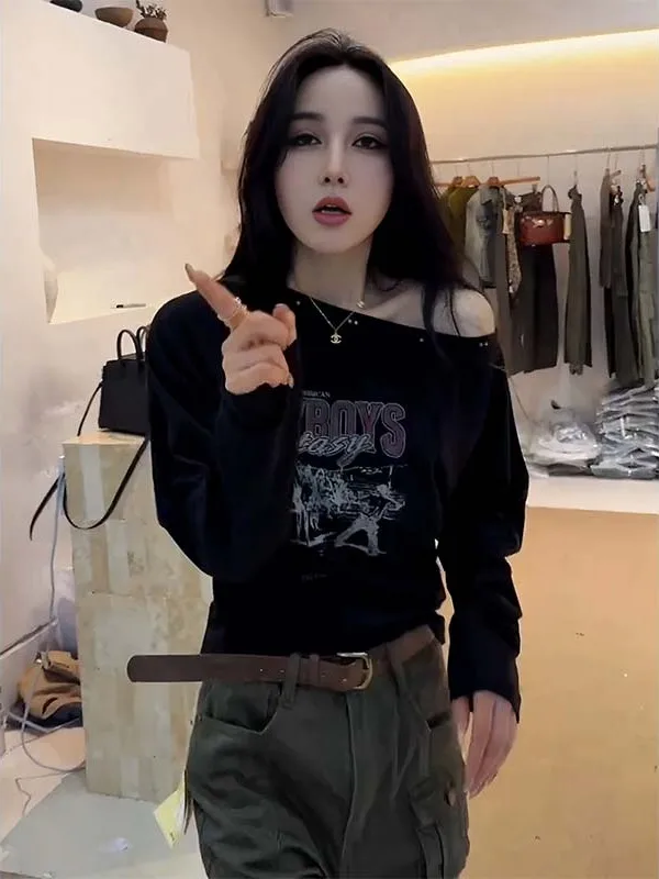 plus Size American Retro Print Asymmetrical Shoulder Long Sleeve T-Shirt Early Autumn New Style Loose Slimming Unique Shoulde...