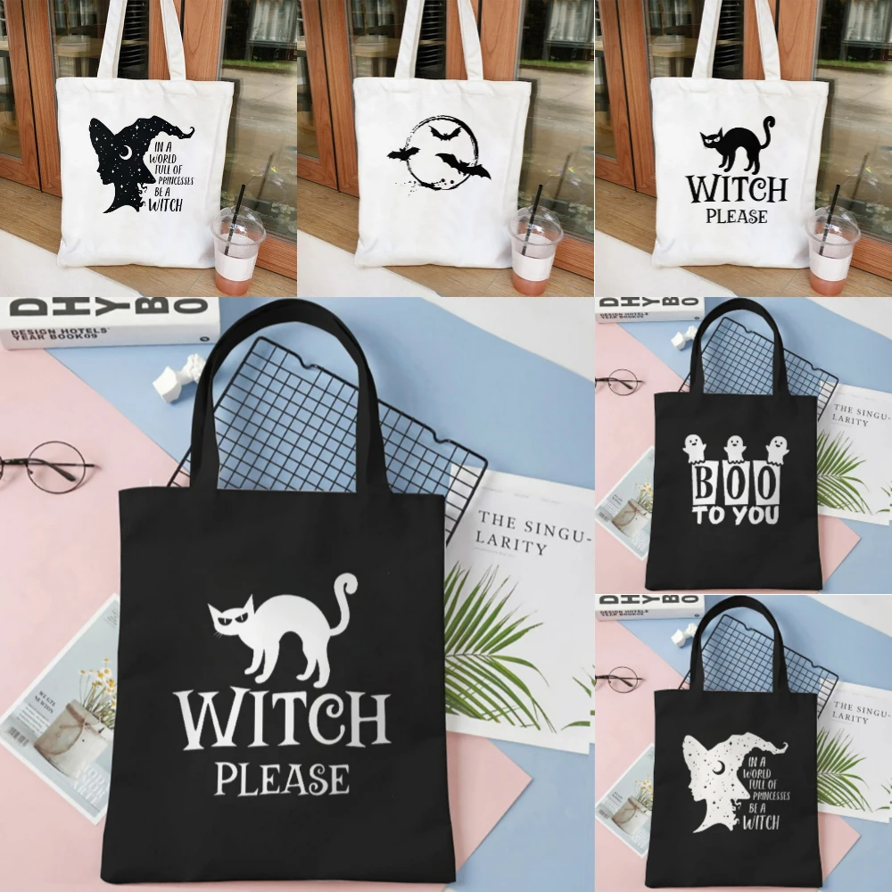 

All Saints Day Witch with Cat Design Canvas Tote Bag Spacious Shopping Bag Fashion Shoulder Bag Unique Gift Idea Eco Holiday Use