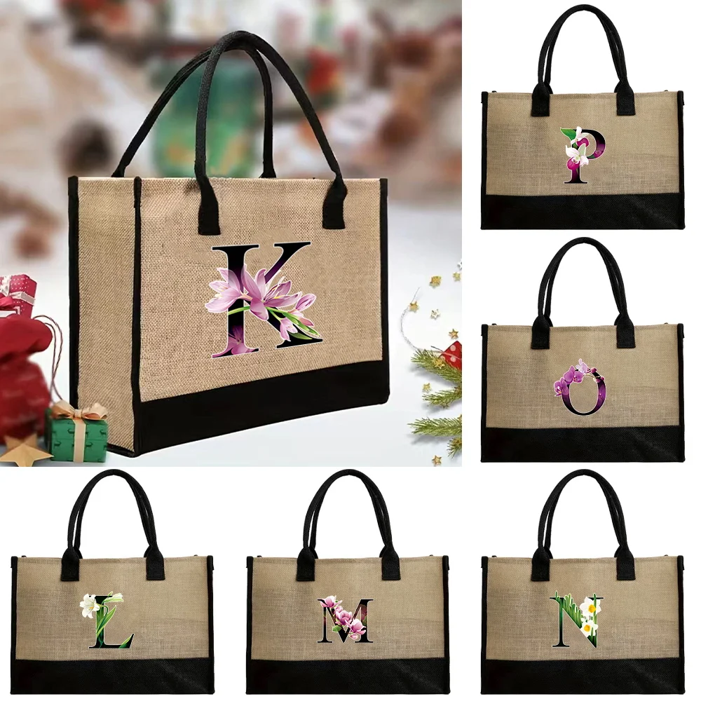 Fashion Vintage Jute Bag Large Capacity Handbag Portable Shopping Malls Tote Bags Suitable for Women Flower Color Printing