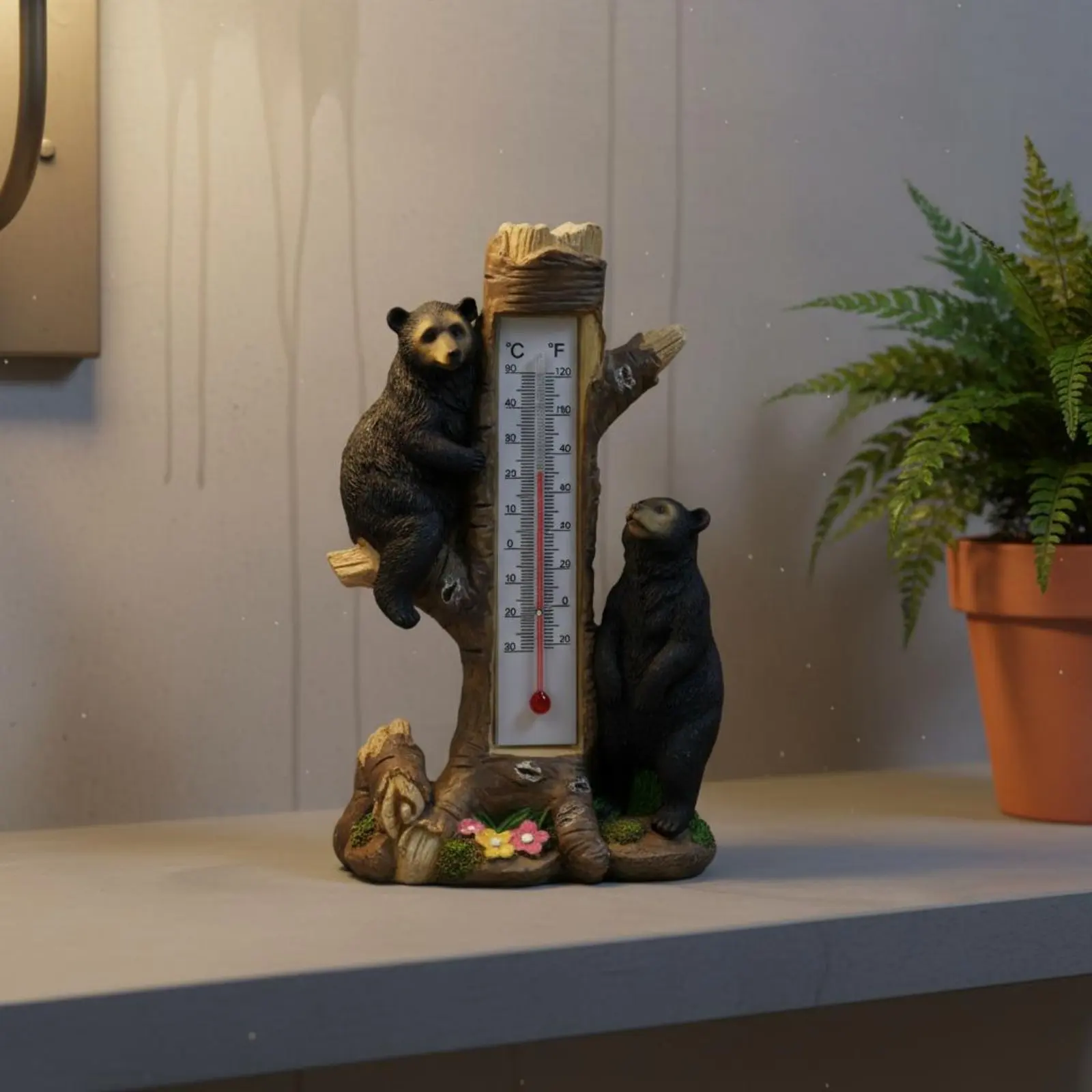 Bear Thermometer Statue Easy to Read Black Bear Temperature Decor Creature Garden Thermometer Weather Gauge Double-Scale view 3