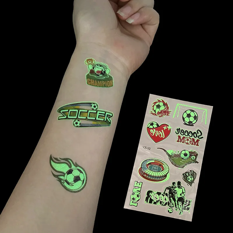 10pcs Soccer Luminous Temporary Tattoos Face Stickers Football Party Glowing Sticker Kids Boys Happy Soccer Birthday Party Decor