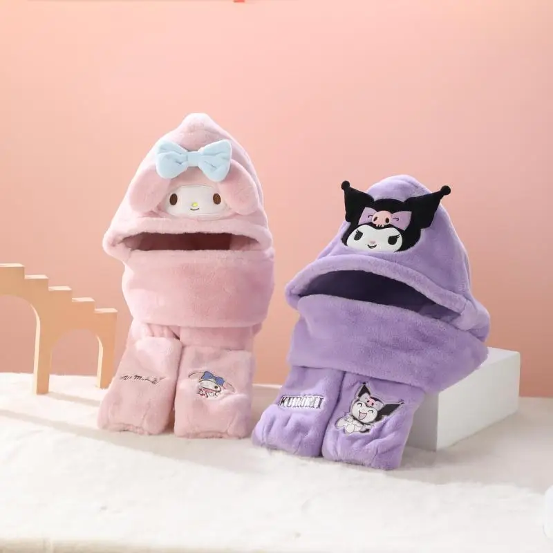 Sanrio Girls Scarf Hat Gloves All-In-One Winter Plush Thickened Winter Outdoor Warm Cartoon Kuromi My Melody Clothing Gift