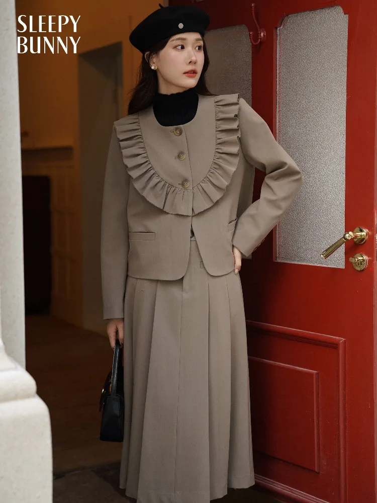 

Vintage Ruffle Jacket Skirt Set for Women High-Waist Pleated A-Line Outfit Lady Elegant Retro Two-Piece Fall Winter Fashion Suit