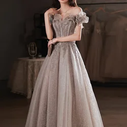 Customized Elegant Gray Flowers Evening Dress Off Shoulder Shiny Sequin Lace A-line Ruched Lace Up Woman Formal Party Prom Gowns