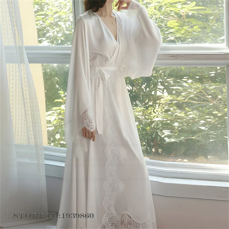 

Женский длинный халат-кимоно, сексуальный кружевной свадебный халат для невесты, ночная сорочка, элегантная домашняя одежда во французском стиле из шелкового атласа