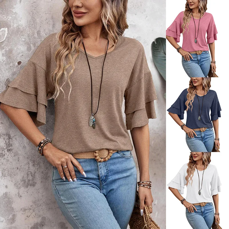 

2025 Summer New Solid Color V-neck Double-sleeved Loose T-shirt Short-sleeved Women's