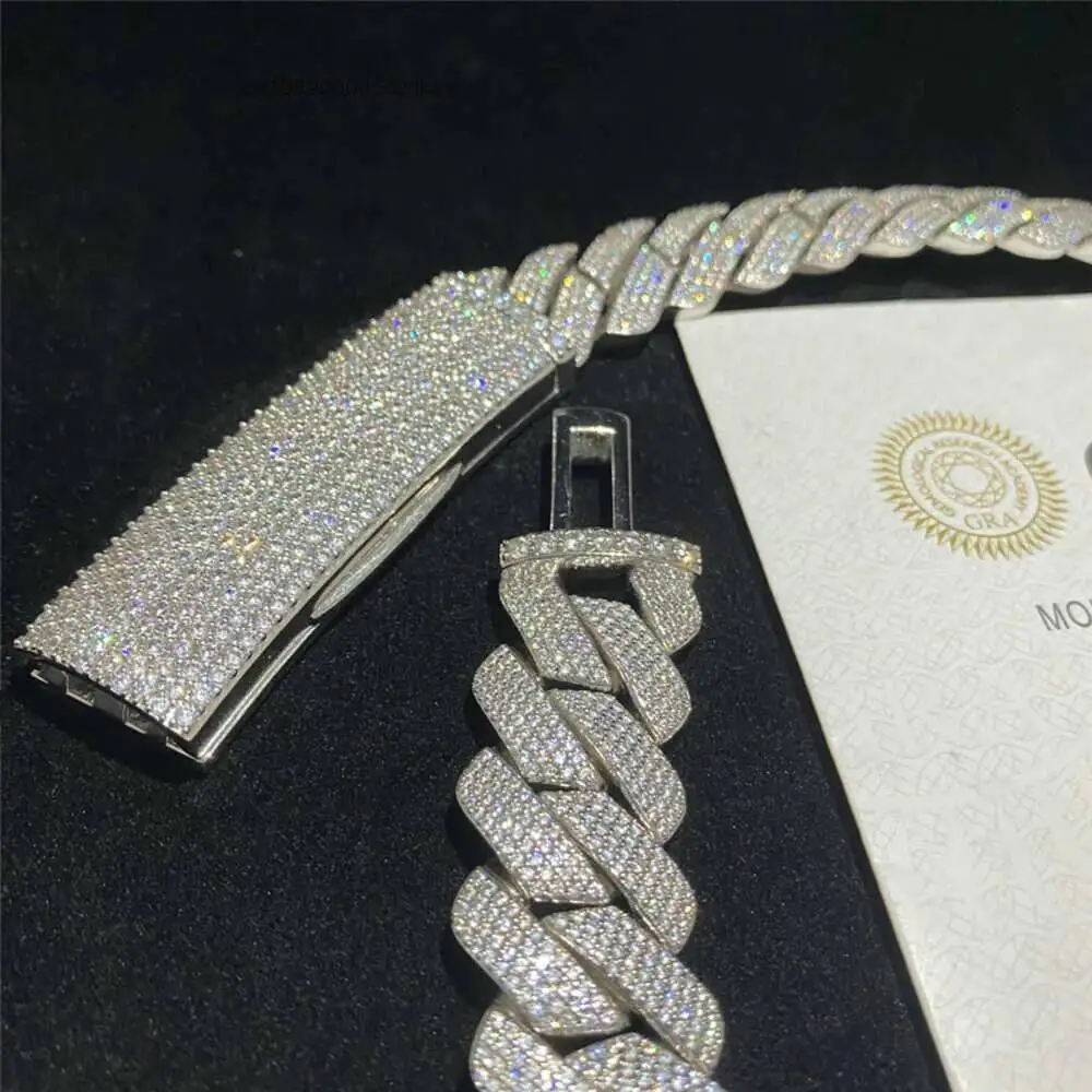 Luxury Hip Hop 20 Mm White Silver Heavy Weight Miami 925 Silver Full Inlaid with Moissanite Diamond Cuban Chain Rapper Necklace