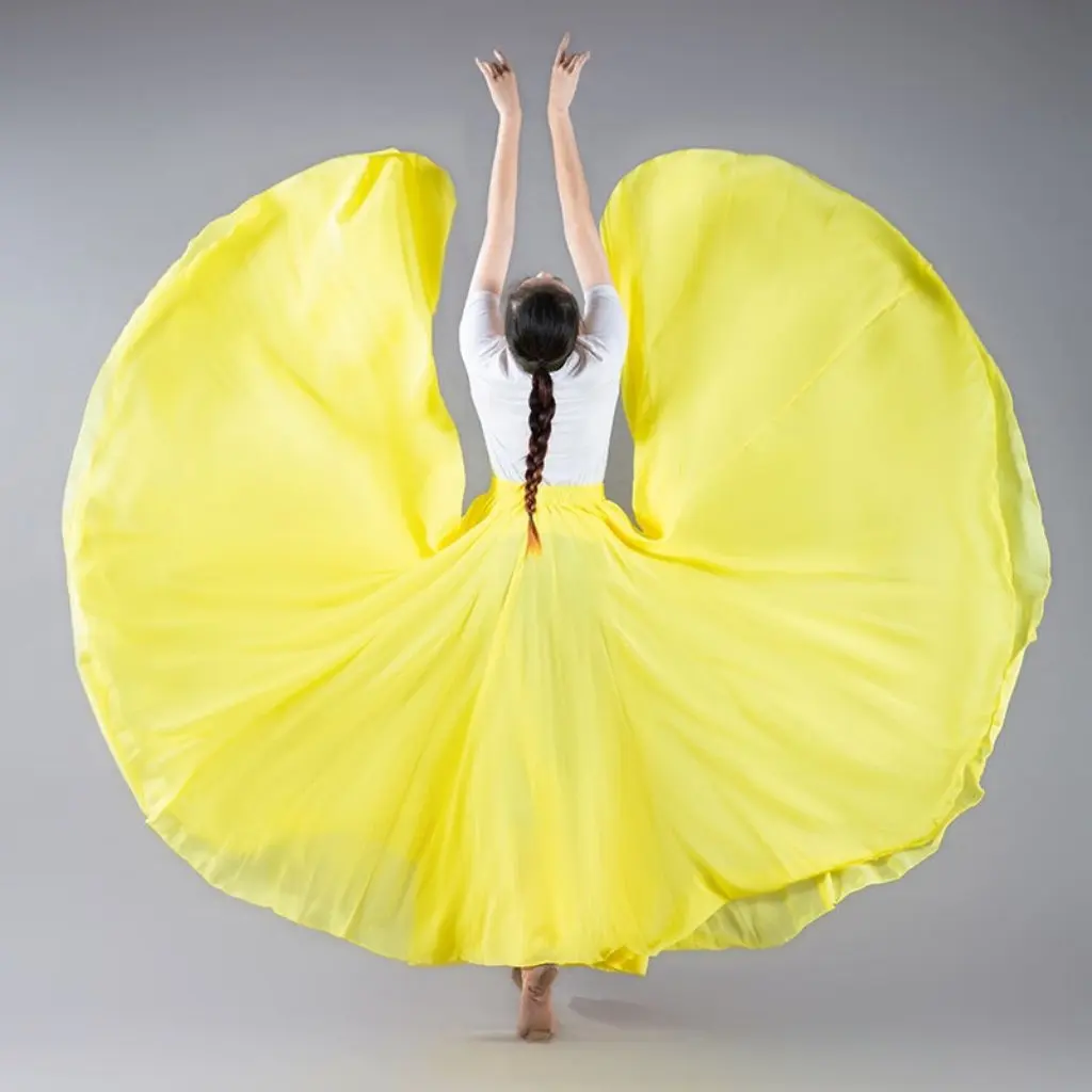 

Red High Waist A-Line Skirt 720 Degrees Double-Layer Chiffon Large Swing Summer Autumn Fashion Solid Color Dance Skirt