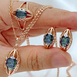Kienl Hot Colorful Natural Zircon Ring Earrings Necklace for Women Luxury 585 Rose Gold Color Daily Wear 3pcs Jewelry Sets
