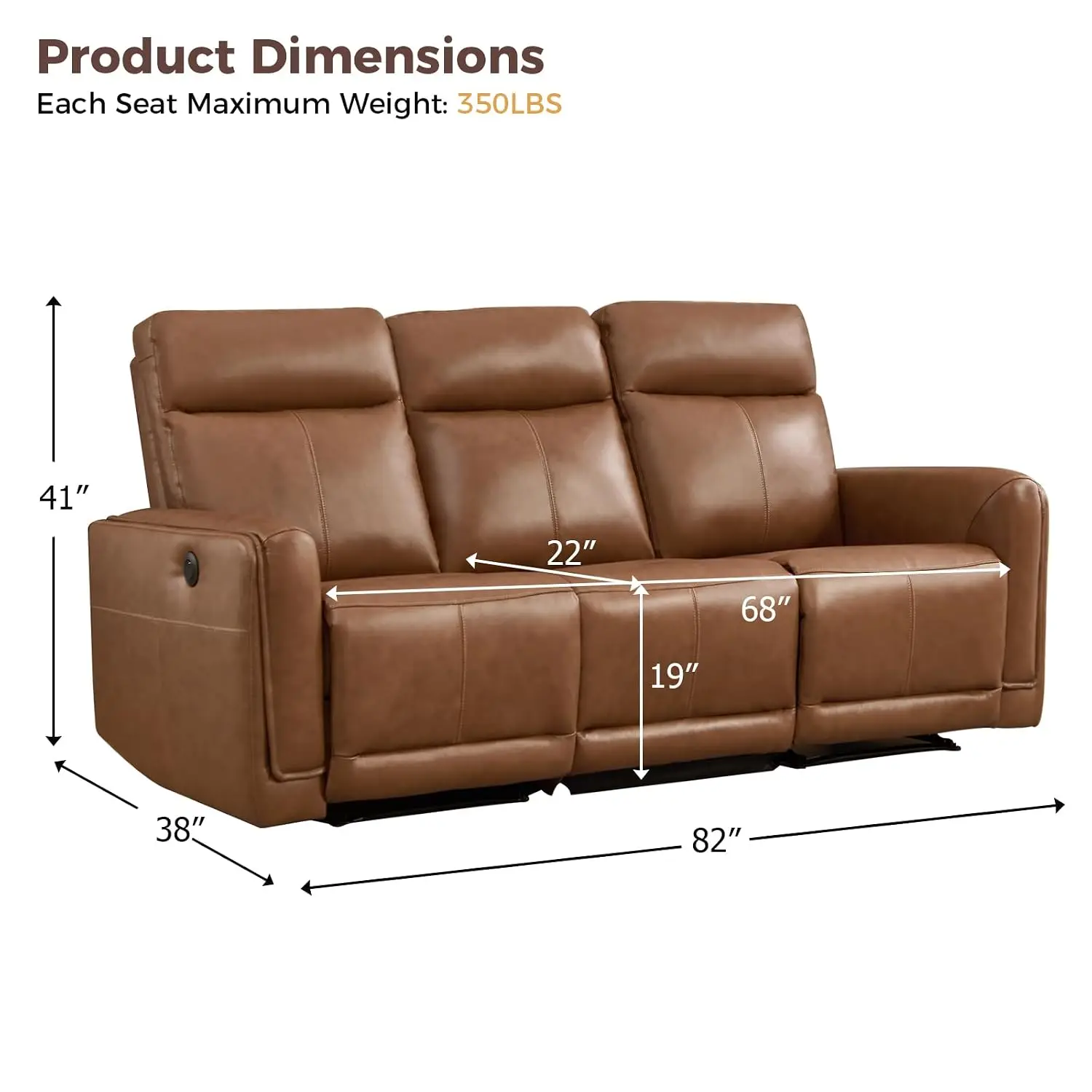 Genuine Leather Power Recliner Sofa, 3-Seat Power Reclining Sofa with Overstuffed Arms and Back, Electric Recliner, Customized