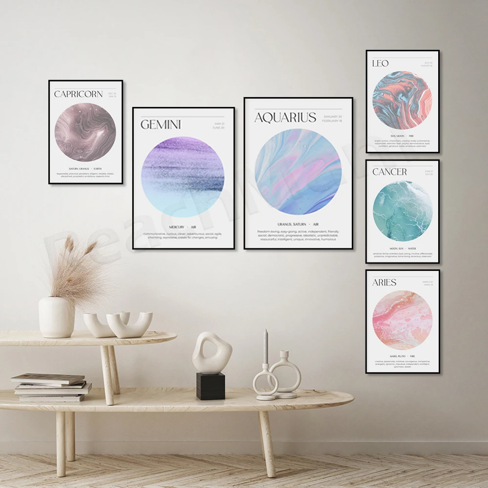 Retro 12 Zodiac Posters Capricorn Gemini Cancer Leo Libra Sagittarius Constellation Canvas Painting Wall Art Pictures Home Decor