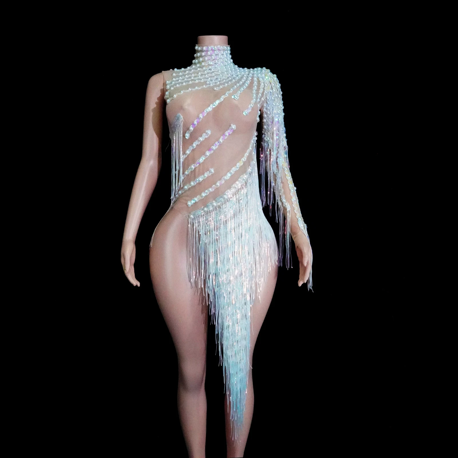 

Sparkle White Pearls Fringe See Through Dress Long Sleeve Singer Dancer Outfits Show Girl Costume Stage Latin Festival Club Drag