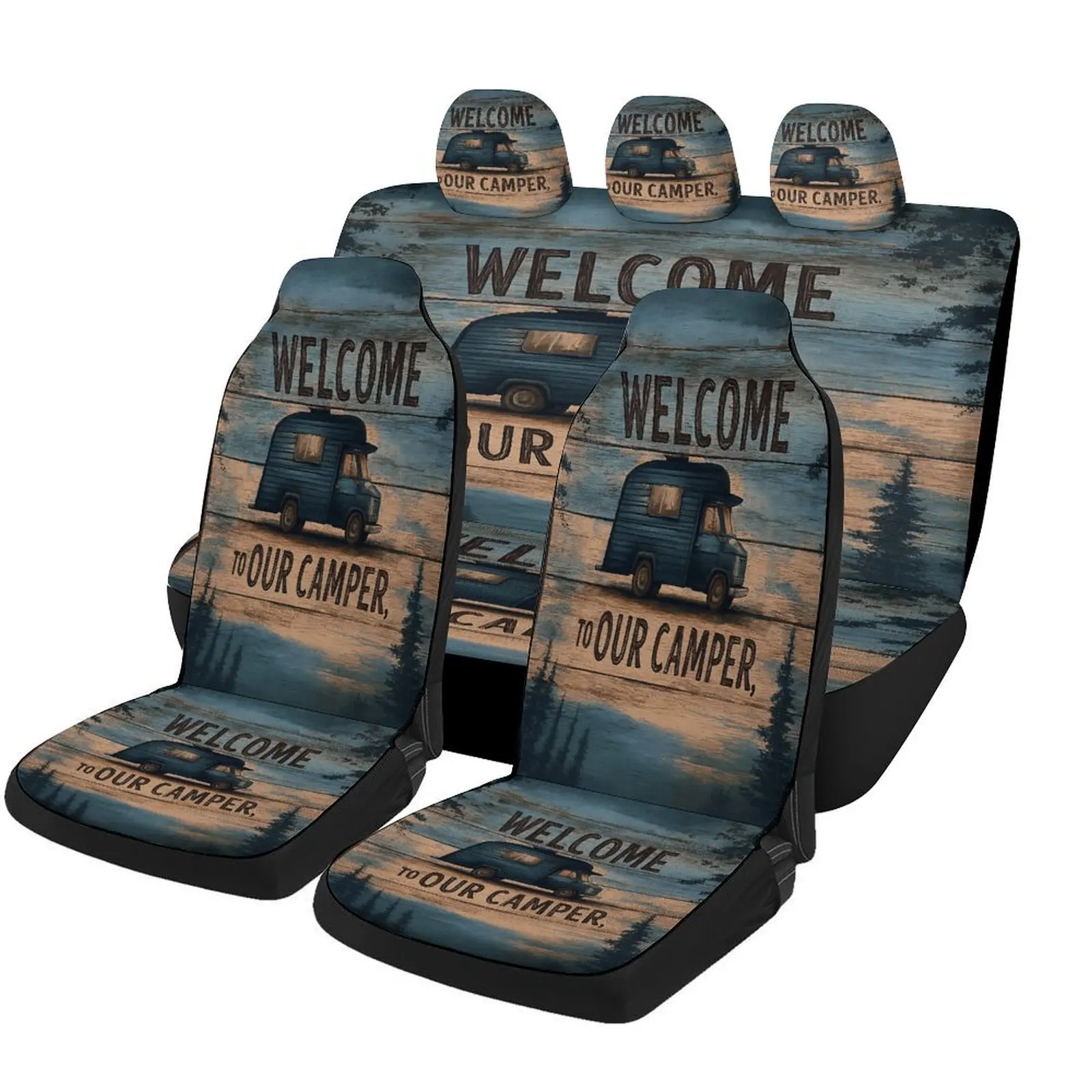 Camper Welcome Sign Car Seat Covers Set | Trendy Novelty Decorative Full Set For 2 Front & Rear Seats, Machine Washable, All-Sea