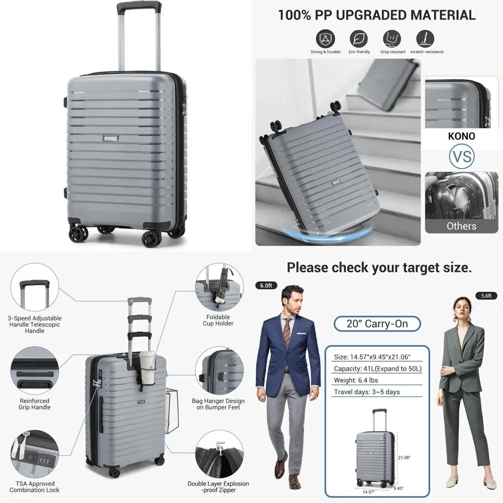 

Expandable 20 Inch Spinner Luggage with Durable Hardside, Lightweight Carry-On Suitcase featuring Hidden Cup Holder for Travel