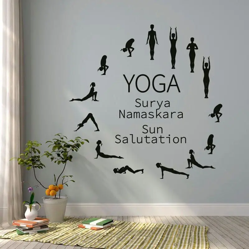 Naklejki na ścianę do jogi Surya Namaskara z pozdrowieniem na słońcu winylowe naklejki na Studio jogi z dekoracja do wnętrza domu zdejmowane freski 3 a60