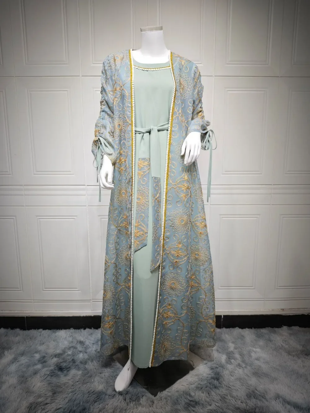 Eid Muslim Abayas for Women Party 2 Piece Set Embroidery Cardigan Robe Lace Up Dress Morocco Kaftan Islam Ramadan Dubai Vestidos
