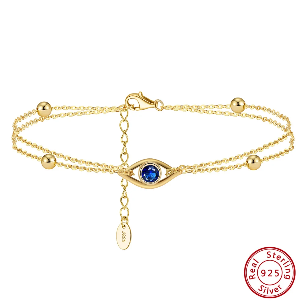 KISS MANDY Classic 925 Sterling Silver 2 Layers Evil Eyes Chain Bracelet for Women Fashion14K Gold Bracelet Party Jewelry APB04