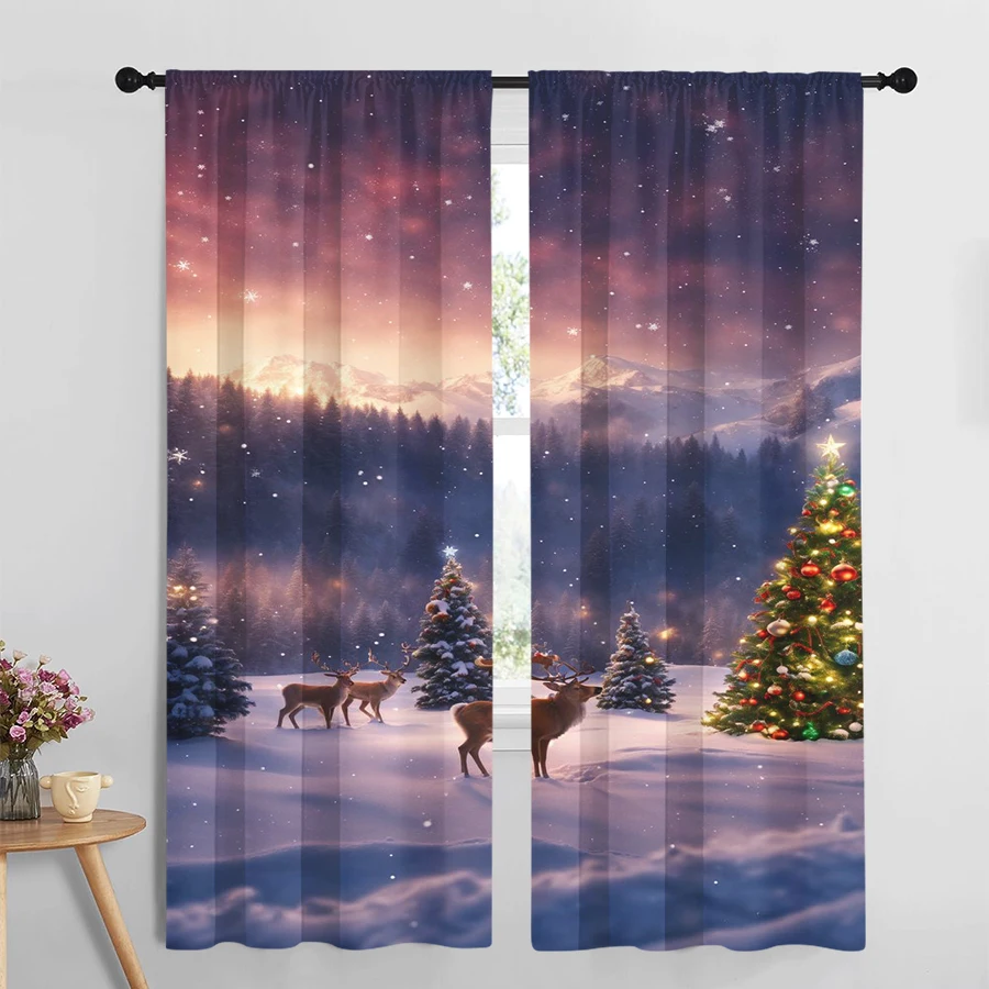2PCS Digital Print Curtains, Purple Night Sky Reindeer Snow Pattern, Dreamy Magical Style for Xmas Holiday Party Home Decor