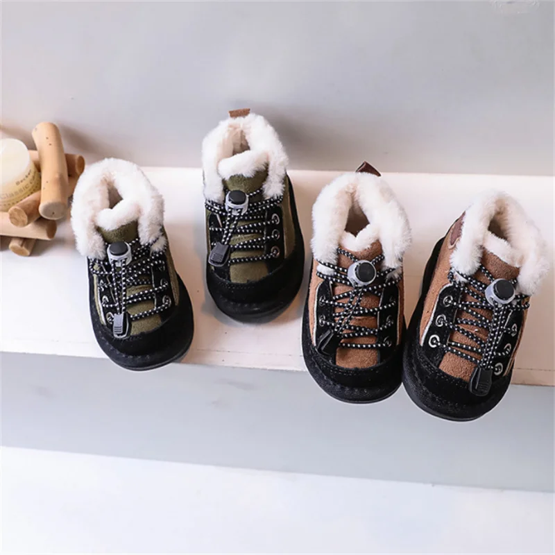 New Winter Baby Shoes For Boys Leather Warm Plush Toddler Girls Boots Non-slip Fashion Little Kids Sneakers