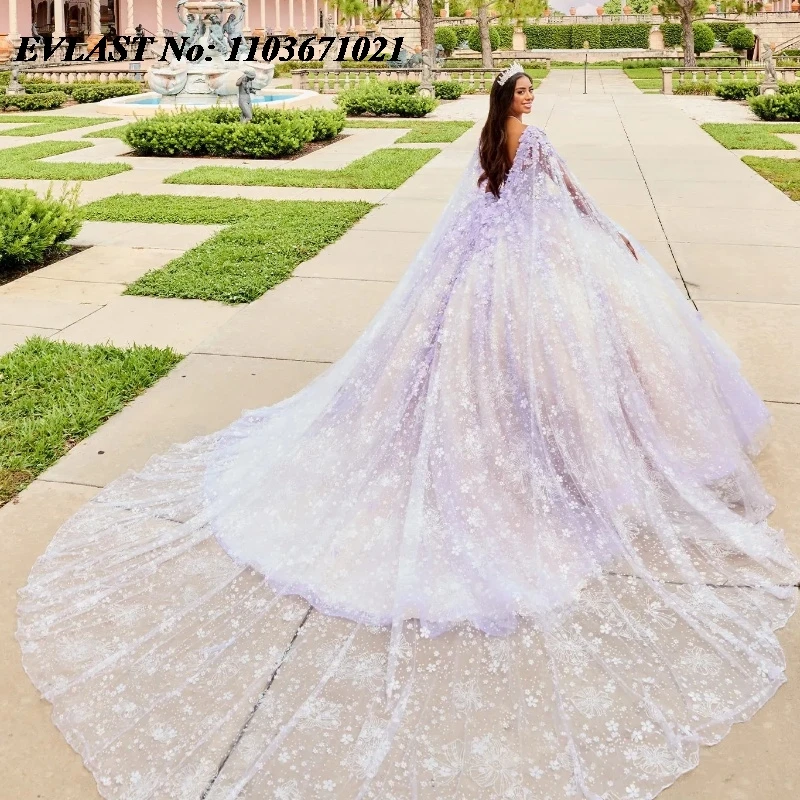 EVLAST Customized Lavender Ball Gown Quinceanera Dress 3D Floral Lace Applique Beading Cape Sweet 16 Vestidos De XV Anos SQ267